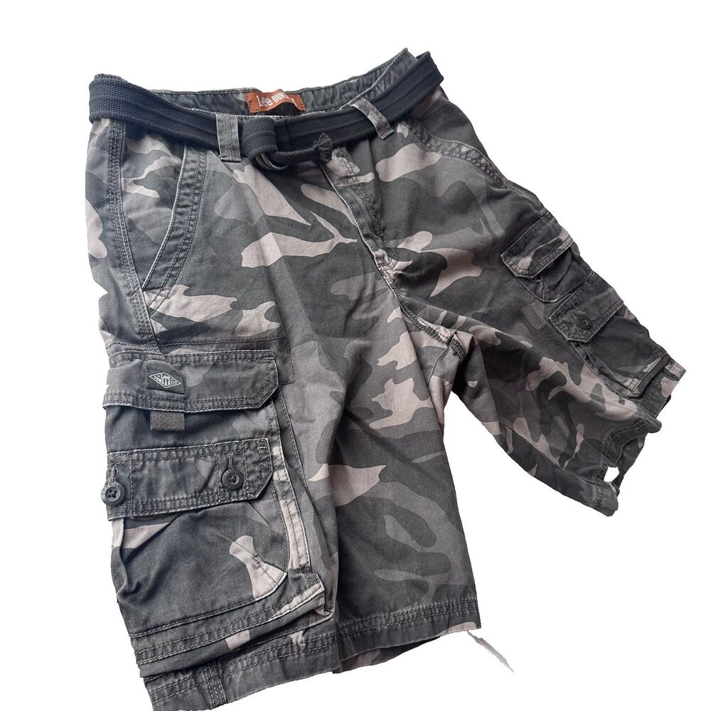 Men’s Lee Gray Camouflage Cargo Shorts Size 32 With Belt Y2K Utility